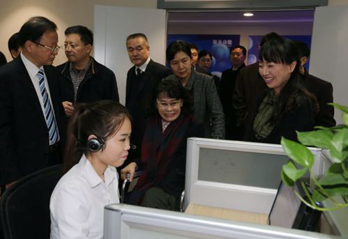 图为海迪主席观摩扬州市“智慧残联”服务平台使用情况